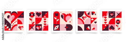 Modern Valentines Day Square Card Set with geometric hearts, flowers, sparkles abstract love elements for greeting cards, social media posts, digital marketing, packaging, stickers, print decor.Vector