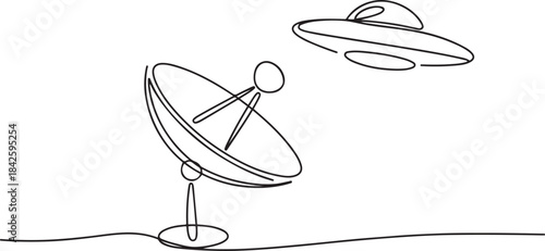 a satellite dish and a ufo in the sky.one line vector illustration with out background.