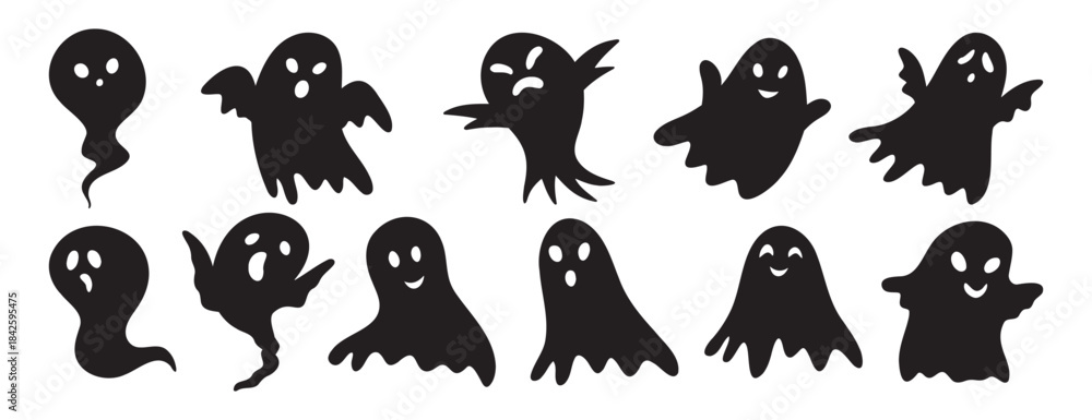 Obraz premium scary funny ghosts silhouette with faces set. Ghost Halloween decorative elements. Halloween silhouettes black ghost character