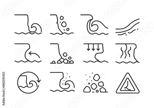 Coastal Erosion Icons. Coastal Erosion. Line icon set of Coastal