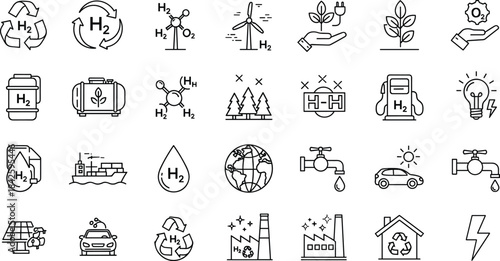 Hydrogen, energy, sustainability, fuel, eco, icon, molecule, tank, vehicle, power, vector, illustration, CAD, drawing, flat, design, template, renewable, green