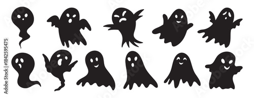 scary funny ghosts silhouette with faces set. Ghost Halloween decorative elements. Halloween silhouettes black ghost character