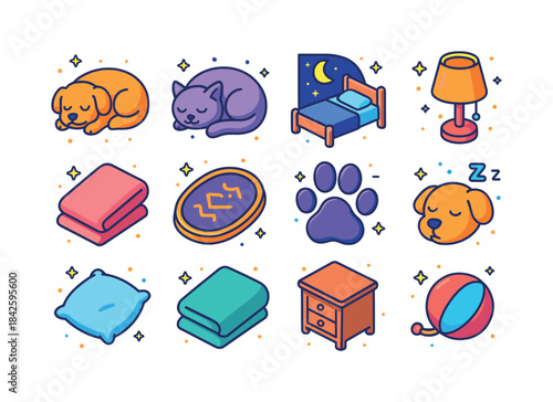 Nighttime Pet Icons. Nighttime pets. Colorful isometric vector i