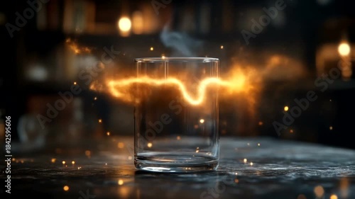 Energetic Fire Swirl Around Empty Glass on Bar Counter.