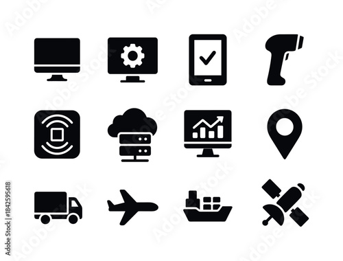 Supply Chain Icons. Supply chain technology. Solid icon set of s