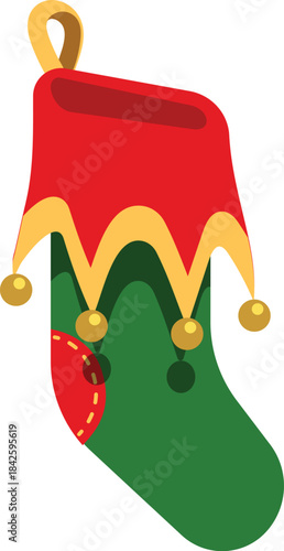 A green and red Christmas stocking with a gold crown on top