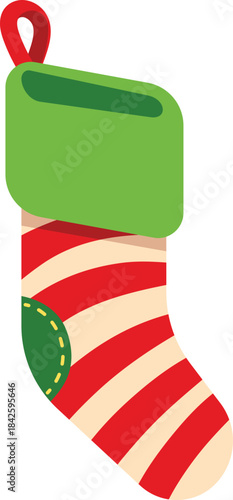 A red and green striped stocking sits on a white background