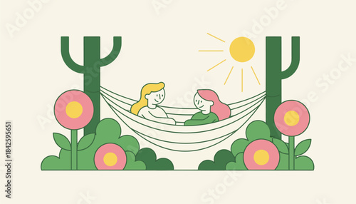 Two people lounging on a hammock nestled in a lush garden exchanging tender glances while enjoying a sunny day surrounded by fragrant flowers.
