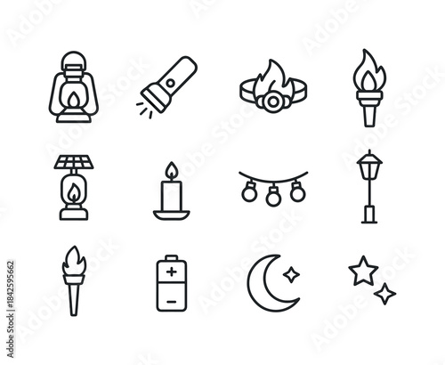 Camping Lighting Icons. Camping lighting. Line icon set of Campi
