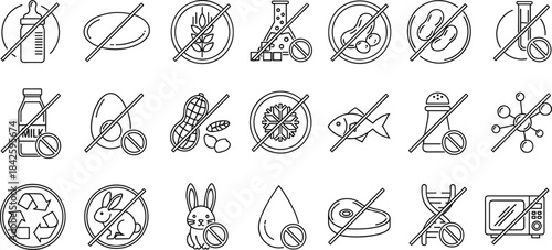 No, free, icon, symbol, allergy, ethical, restriction, food, additive, animal, GMO, vector, illustration, CAD, drawing, flat, design, template