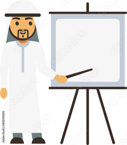 A man in a white robe stands in front of a white board with a pointer