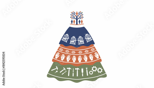 A multilayered skirt paired with a fitted bodice showcasing various textile techniques that narrate the story of craftsmanship through generations.