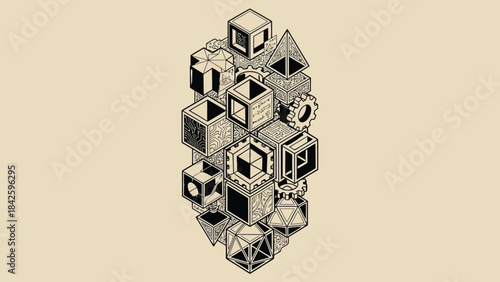Geometric shapes composition artistic illustration of various threedimensional objects.