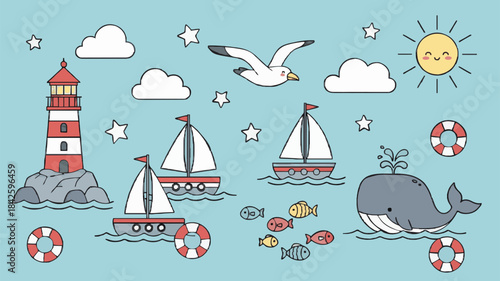 A colorful digital illustration of a lighthouse, sailboats, a whale, and sea creatures on a light blue background with a sunny sky and white clouds.