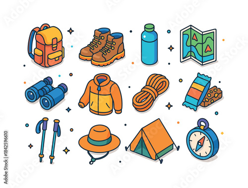 Isometric Hiking Essentials. Hiking Essentials. Colorful isometr