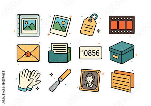 Archival Icon Grid. archival photos. Colorful isometric vector i