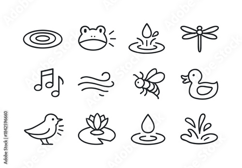 Pond Sound Icons. Pond Sounds. Line icon set of Pond Sounds: rip