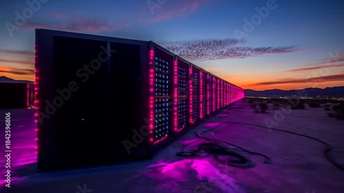 Massive Server Farm Illuminated by Sunset and Purple Lights.