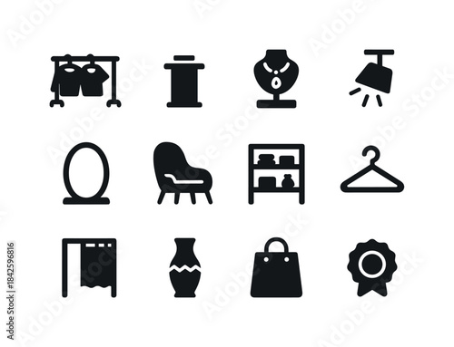 Boutique Icon Collection. Boutique interior. Solid icon set of b