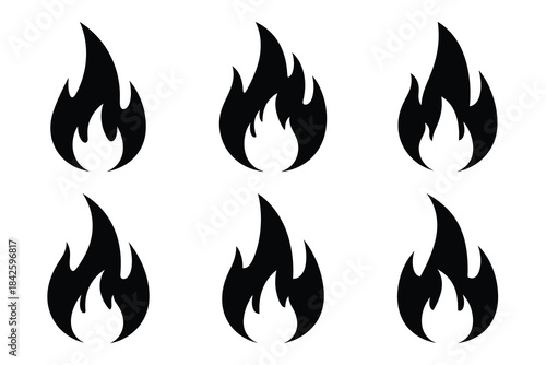 Set of fire flame icon silhouette vector art illustration