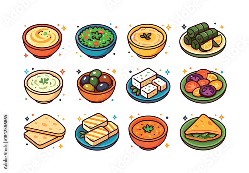 Mediterranean Feast Icons. Mediterranean dishes. Colorful isomet