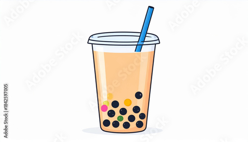 Flat Vector Bubble Tea Cup with Tapioca Pearls Illustration