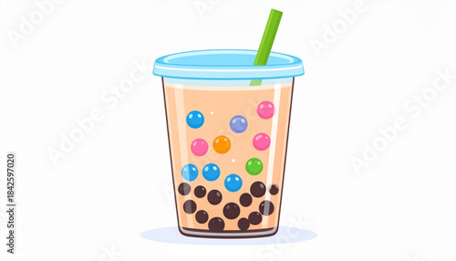 Flat Vector Bubble Tea Cup with Tapioca Pearls Illustration
