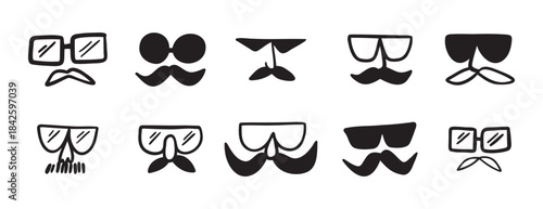 glasses and mustache male funny comic icon doodle hand drawn icon set. Outline drawing line clipart symbol collection