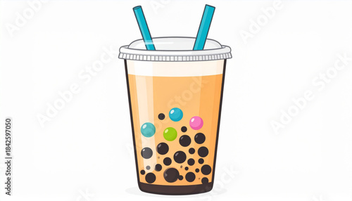 Flat Vector Bubble Tea Cup with Tapioca Pearls Illustration