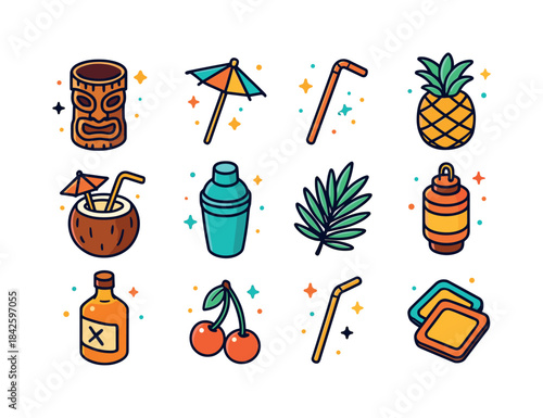Tiki Bar Icons. Tiki Bar. Colorful isometric vector icons set of