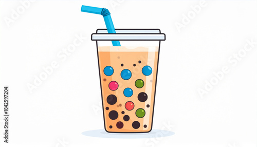 Flat Vector Bubble Tea Cup with Tapioca Pearls Illustration