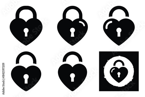Set of lock heart icon silhouette vector art illustration