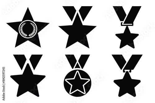 Set of medal star icon silhouette vector art illustration