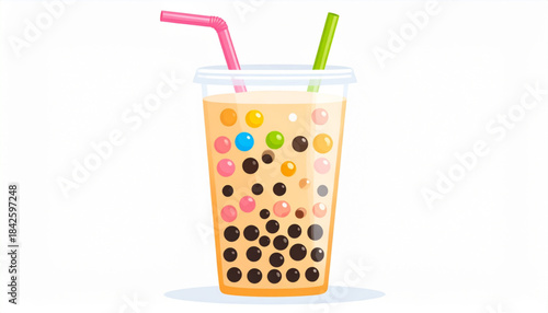 Flat Vector Bubble Tea Cup with Tapioca Pearls Illustration