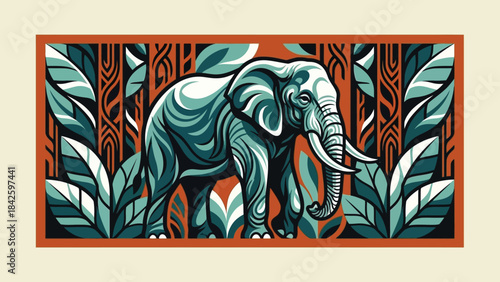 Majestic elephant illustration in vibrant colors standing proudly in natures embrace.