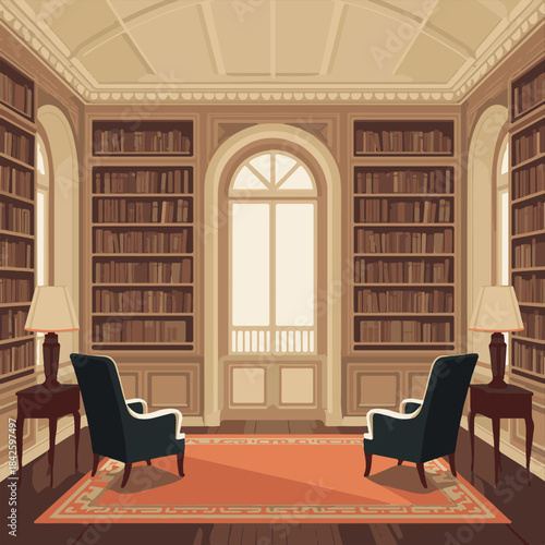 Classic Library Room Vector Illustration
,Cozy Reading Room Interior Design Art,Vintage Study Room with Bookshelves Vector,Elegant Home Library Vector Background.
