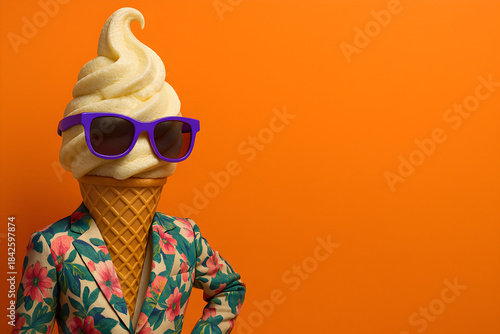 Ice cream cone character with purple sunglasses and floral blazer on orange background, humorous surreal dessert mascot for summer promotion, posters and branding
