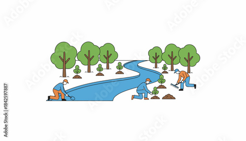 Lush trees planted alongside a riverbank with volunteers placing mulch to protect the young trees from weeds and erosion.