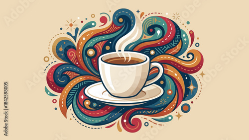 Steaming coffee cup on saucer with colorful artistic swirls and patterns.