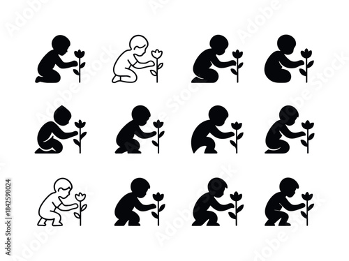 Children Flower Logos. Children Picking Flowers. Icon set. Set L