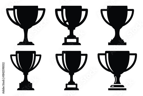 Set of trophy cup icon silhouette vector art illustration