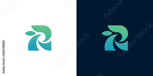 Dynamic abstract letter R logo with flowing organic shapes and a vibrant blue-green gradient, representing natural growth and fresh modern branding