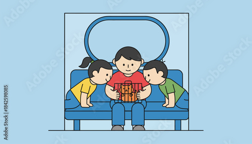 A child clutching a pet hamster in a small cage while friends lean in curiously to take a peek during the ride.