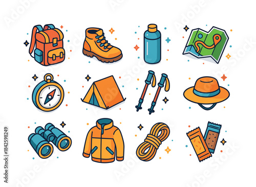 Isometric Hiking Essentials. Hiking Essentials. Colorful isometr