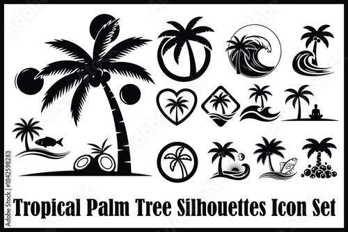 Tropical Palm Tree Silhouettes Icon Set