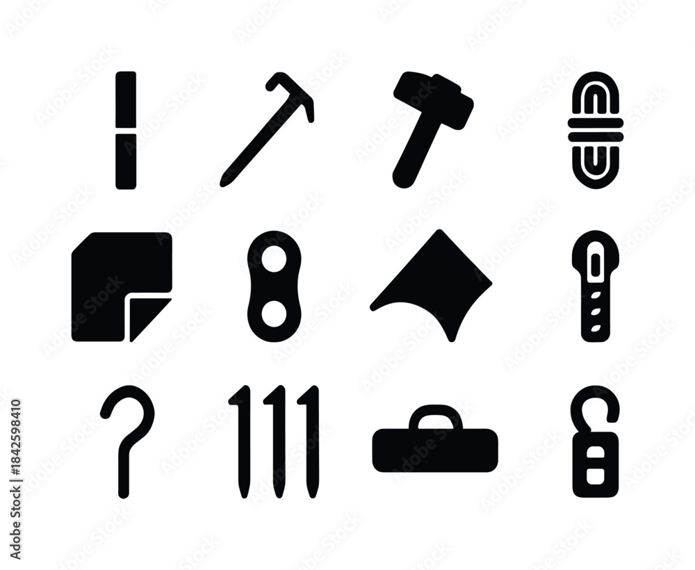 Fototapeta premium Tent Accessories Icons. Tent accessories. Solid icon set of tent
