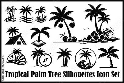 Tropical Palm Tree Silhouettes Icon Set