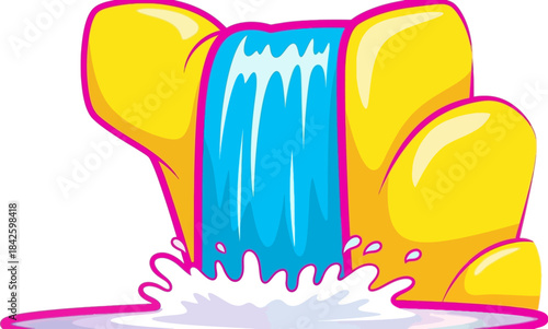 Cartoon waterfall cascading over yellow rock formation with splashing water.