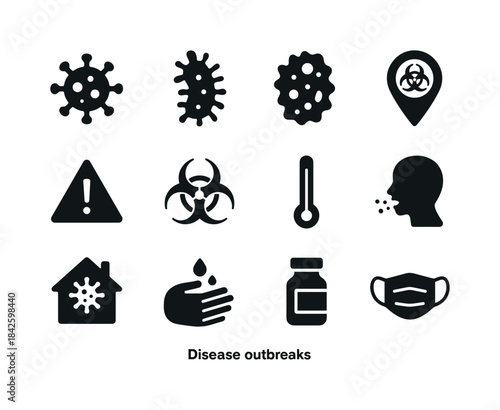 Disease Outbreak Icons. Disease outbreaks. Solid icon set of dis