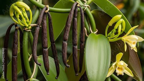 Vanilla Bean Pods Hanging from Plant with Yellow Flowers